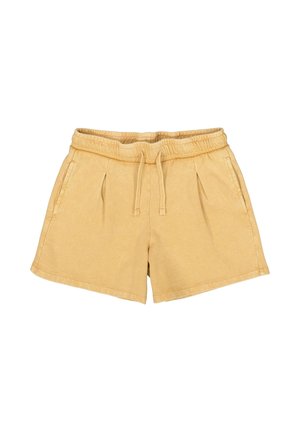 Beige casual short met een elastische tailleband, trekkoord, voorplooien en zijzakken, ontworpen voor comfortabel dragen.