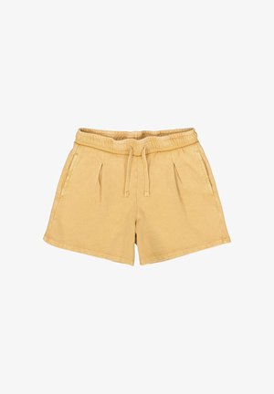 Pantalones cortos casuales beige con cintura elástica, cordón ajustable, pliegues frontales y bolsillos laterales, diseñados para un uso cómodo.