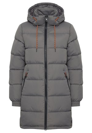 Giubbotto imbottito grigio con cappuccio, dotato di cerniere nere, cordini arancioni e tasche laterali. Design trapuntato testurizzato per l'isolamento.