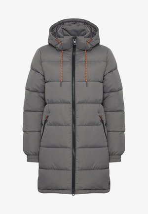 Grå pufferjakke med hette, med svarte glidelåser, oransje snorer og sidelommer. Teksturert, quilte-design for isolasjon.