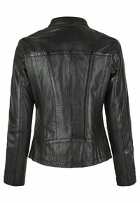 Schwarze Lederjacke mit taillierter Passform, mit einem einfachen Kragen, langen Ärmeln und vertikalen Nahtdetails auf der Rückseite.