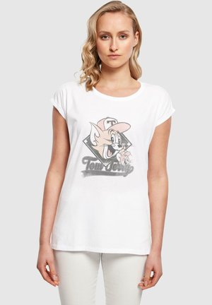 Weißes Baumwoll-T-Shirt mit einem auffälligen Cartoon-Motiv von Tom und Jerry, Rundhalsausschnitt, kurzen Ärmeln und lockerer Passform.
