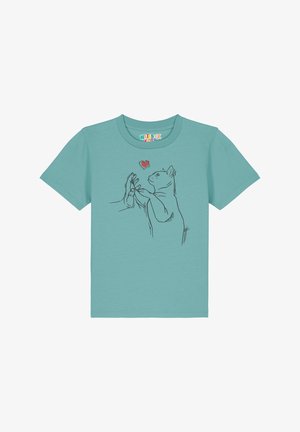 Teal katoenen T-shirt met een minimalistische lijntekening van een kat die naar een hand reikt met een rood hart erboven. Korte mouwen, ronde hals.