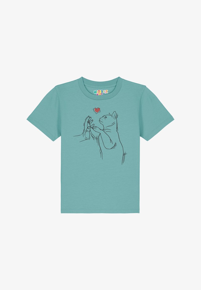 Teal katoenen T-shirt met een minimalistische lijntekening van een kat die naar een hand reikt met een rood hart erboven. Korte mouwen, ronde hals.