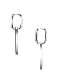 Sudraba gredzena auskari ar ovālu augšdaļu, teksturētu joslu un gludu apaļu pilienu, rotātiem ar mazām ieklātām akmeņiem.