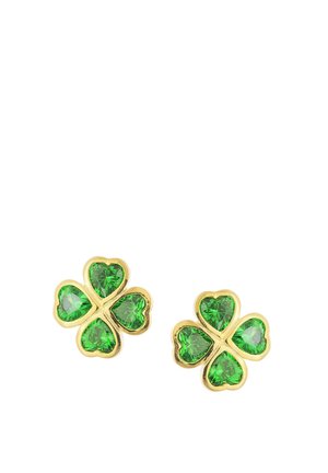 Gold stud earrings shaped like four-leaf clovers with heart-shaped green gemstones in each leaf on a white background.
