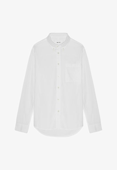 Witte button-up overhemd met lange mouwen, een puntige kraag, een borstzak en een afgeronde zoom. Gemaakt van lichte stof met een gladde textuur.