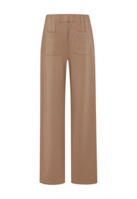 Pantaloni a gamba larga marroni con una texture liscia, dotati di una vita elastica e due tasche frontali. Design semplice senza abbellimenti visibili.