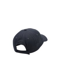 Czarna regulowana czapka baseballowa pokazana od tyłu z widocznym paskiem i wyszywaną nazwą marki blisko otworu.