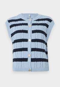 Blau gestrickte Strickjacke mit navyblauem Streifenmuster, kurzen Ärmeln und goldenen Knöpfen. Verfügt über ein Kabelstrickmuster und einen gerippten Saum.
