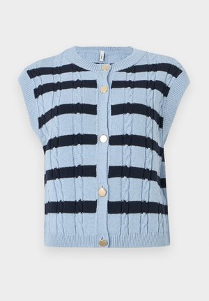 Cardigan azul tricotado com padrão de riscas navy, mangas curtas e botões dourados. Apresenta textura de malha de cabos e bainha canelada.