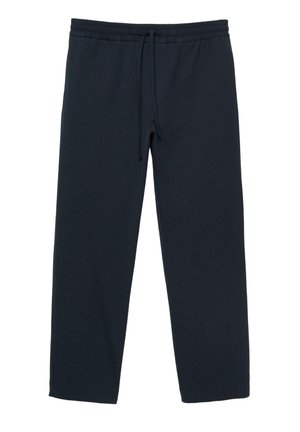Pantalons de survêtement bleu marine avec cordon de serrage, taille élastique, jambes droites et poches latérales, présentés sur fond blanc.