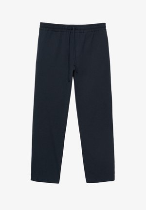Navyblauwe sweats met trekkoorden, elastische taille, rechte pijpen en zijzakken, weergegeven op een witte achtergrond.