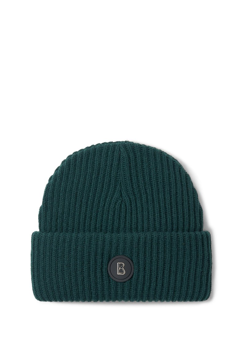 Gebreide beanie in donker teal, met een geribbelde textuur en een opgeriempte manchette. Inclusief een ronde zwarte logo patch met de letter "B."