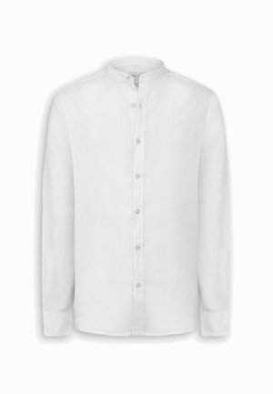 Weißes Herrenhemd mit langen Ärmeln, Mandarin-Kragen und vorderen Knöpfen, aus leichtem, halbtransparentem Stoff gefertigt.