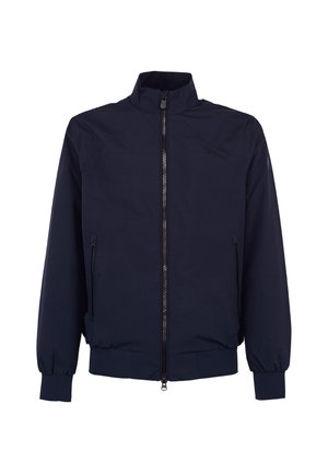 Lichtgewicht jas in marineblauw met opstaande kraag, ritssluiting aan de voorkant, ritssluitzakken aan de zijkanten, elastische manchetten en aangesloten tailleband.