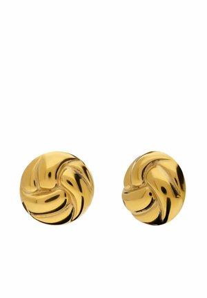 Ronde gouden oorknopjes met een gedraaid knoopontwerp en een gladde, gepolijste afwerking tegen een witte achtergrond.