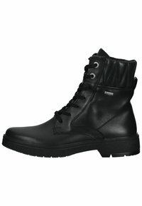 Botín de cuero negro hasta el tobillo con diseño de cordones, puntera redondeada, suela de goma, cuello acolchado y etiquetado GORE-TEX impermeable en el lateral.