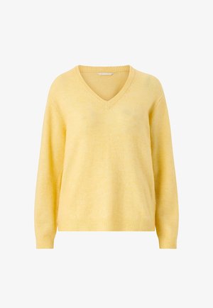 Zachte gele trui met lange mouwen, V-hals en geribbelde boorden en zoom, weergegeven op een witte achtergrond.
