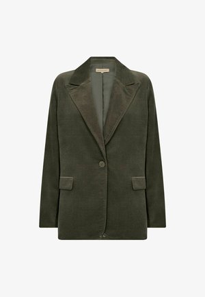 Olive green corduroy blazer with a notched collar, single button, two front pockets, and smooth inner lining. Classic tailored design.