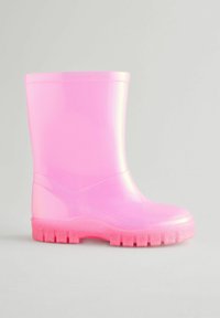 Stivale da pioggia in gomma traslucida rosa con superficie testurizzata, punta arrotondata e suola glitterata e spessa per una migliore aderenza e durabilità.