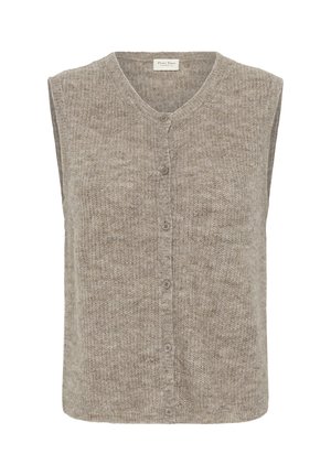 Cardigan fără mâneci, de culoare bej deschis, cu decolteu în V, textură tricotată, închidere cu cinci butoane și o croială lejeră. Material moale și confortabil.