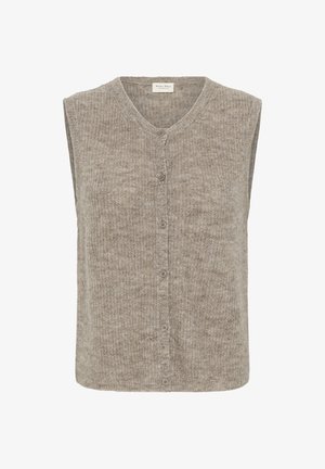 Svijetložuta bezrukavna kardigan s V-izrezom, pletiva tekstura, zatvaranje na pet dugmadi i opušteni kroj. Mekana, udobna tkanina.