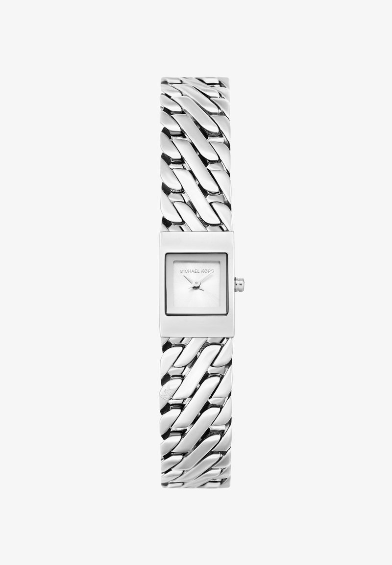 Orologio da polso Michael Kors in tono argento con quadrante rettangolare e bracciale a catena spessa.