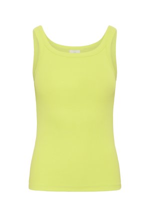 Maiou verde lime cu dungi, cu decolteu rotund și bretele late, confecționat dintr-un material elastic cu o siluetă mulată.