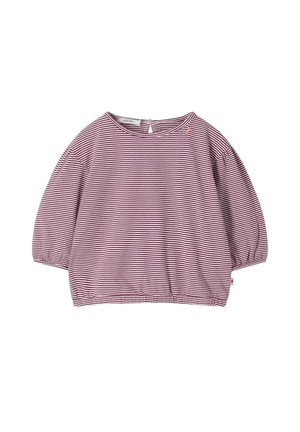 Kinderhemd met lange mouwen, elastische manchetten en zoom, voorzien van fijne horizontale witte en mauve strepen en een kleine knoopsluiting aan de achterkant.