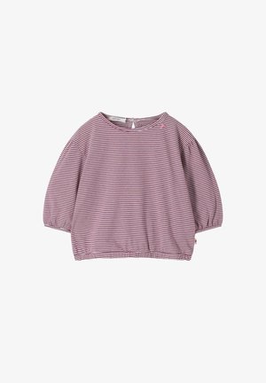 Chemise enfant à manches longues avec poignets et ourlet élastiqués, présentant de fines rayures horizontales blanches et mauves et une petite fermeture à bouton dans le dos.