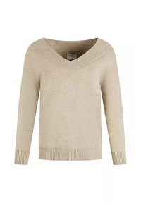 Beżowy sweter w kształcie v z miękkiego materiału, posiadający długie rękawy i szczegóły wykończenia w ściągaczu. Prosty, klasyczny design bez wzorów.