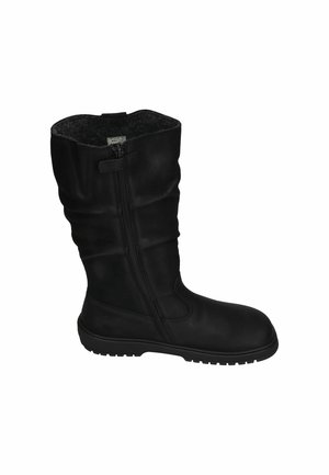 Black mid-calf winter boot with a side zipper, soft inner lining, and a flat grip sole designed for cold weather.