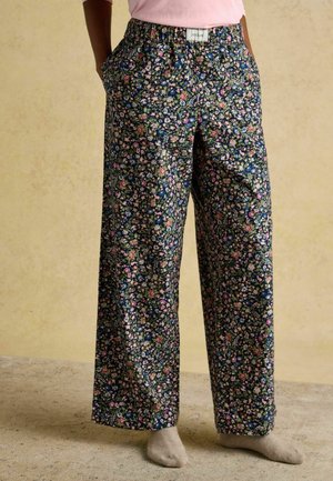 Floral printed wide-leg pants in navy with pink and green accents, featuring an elastic waistband and side pockets for ease and comfort.