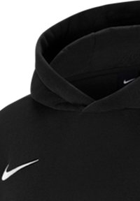 Zwarte hoodie van zachte stof met een voorzak en een capuchon met trekkoord. Bevat een subtiele witte Nike-logo op de borst.