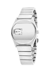 Silberne Metalluhr mit einem rechteckigen Ziffernblatt, das einen einzigartigen Zeitindikator anzeigt. Glatter Gliederarmband, minimalistisches Design und polierte Oberfläche.