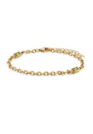 Gold chain bracelet with two rectangular green gemstones and an adjustable clasp on a white background.