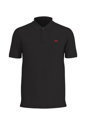 Svart polo tröja med två-knapps knäppning, korta ärmar och en liten röd logotyp på vänster bröst. Tillverkad av mjukt tyg.