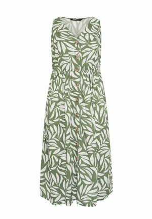 Robe midi verte sans manches avec imprimé feuilles blanches, col en V, taille froncée et fermeture à boutons en bois sur le devant.