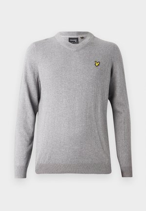 Gray wool V-neck sweater with a textured finish and ribbed cuffs, featuring a small yellow embroidered logo on the chest.