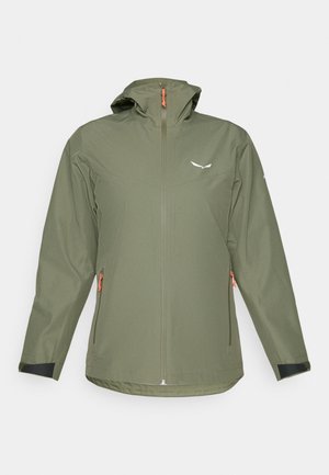 Olivovo zelená nepremokavá bunda s kapucňou, s predným zipsom, dvoma bočnými vreckami s oranžovými ťaháčikmi a logom na hrudi.