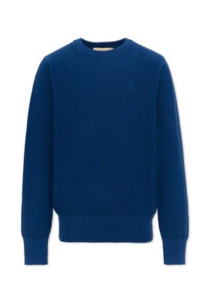 Maglione in maglia blu navy a maniche lunghe con scollo rotondo e polsini e orlo a coste, design semplice.