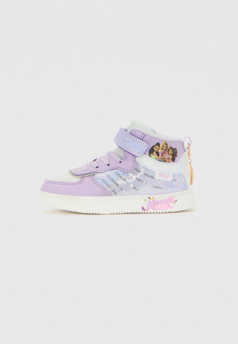 Purple and white high-top sneaker with silver sequins, a Velcro strap, a cartoon of three girls, and "Mermaid magic" text on the sole.