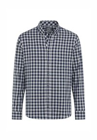 Langarm overhemdd met een marineblauwe en witte gingham ruitenspatroon, voorzien van een button-down kraag en een borstzak.
