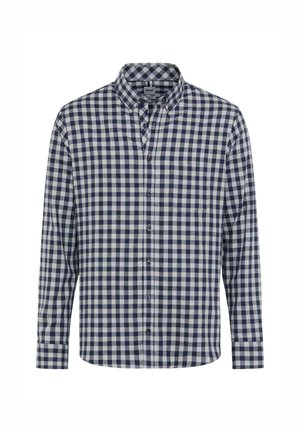 Langarm-Hemd mit Knopfleiste im Design aus navy und weißem Gingham-Karomuster, ausgestattet mit einem Button-Down-Kragen und einer Brusttasche.