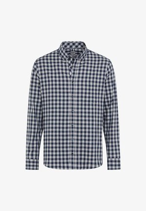 Langarm-Hemd mit Knopfleiste im Design aus navy und weißem Gingham-Karomuster, ausgestattet mit einem Button-Down-Kragen und einer Brusttasche.