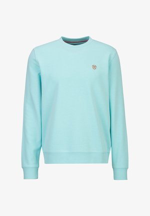 Hellblaues Sweatshirt mit langen Ärmeln und Rundhalsausschnitt, mit gerippten Bündchen und Saum, mit kleinem Schildemblem auf der linken Brust.