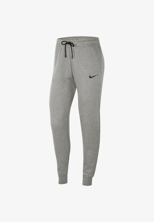 Šedé tepláky Nike s černou šňůrkou, bočními kapsami, elastickými manžetami na kotnících a černým logem Nike swoosh na levém stehnu.