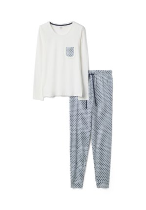 Long-sleeve white shirt with patterned chest pocket and matching patterned drawstring pants in blue and white geometric print.