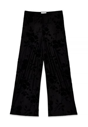 Zwarte, wijde broek van zachte stof met een reliëf bloemenpatroon. Soepele textuur met een comfortabele pasvorm en een elastische tailleband.